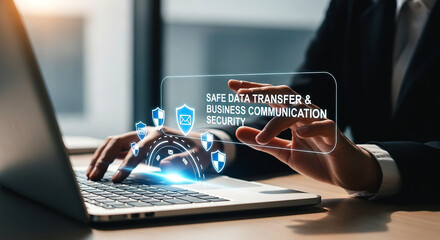 Person typing on laptop with digital security overlay and business communication interface displayed above on transparent background