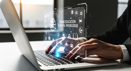 Person typing on a laptop with a digital overlay displaying online education and digital knowledge icons on transparent background