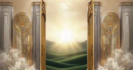 Swinging open ornate gates after sunrise light hits pillars amid clouds, revealing hills - Powered by Adobe