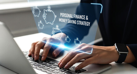 Person typing on laptop with personal finance and money saving strategy graphic overlayed on screen on transparent background