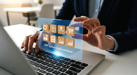 Person interacting with a virtual erp system interface above a laptop on a bright white desk area on transparent background
