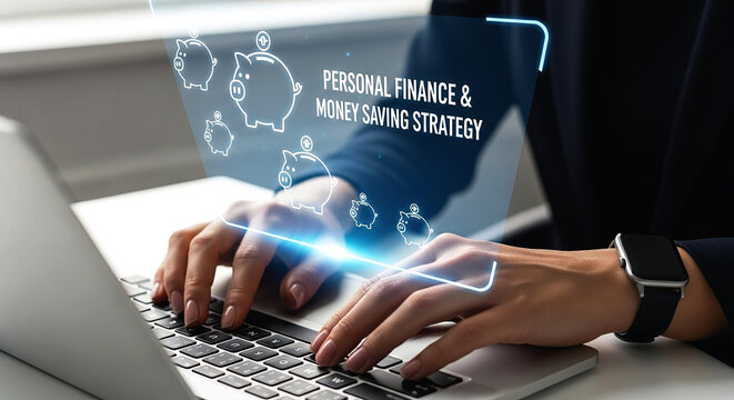 Person typing on laptop with personal finance and money saving strategy graphic overlayed on screen on transparent background