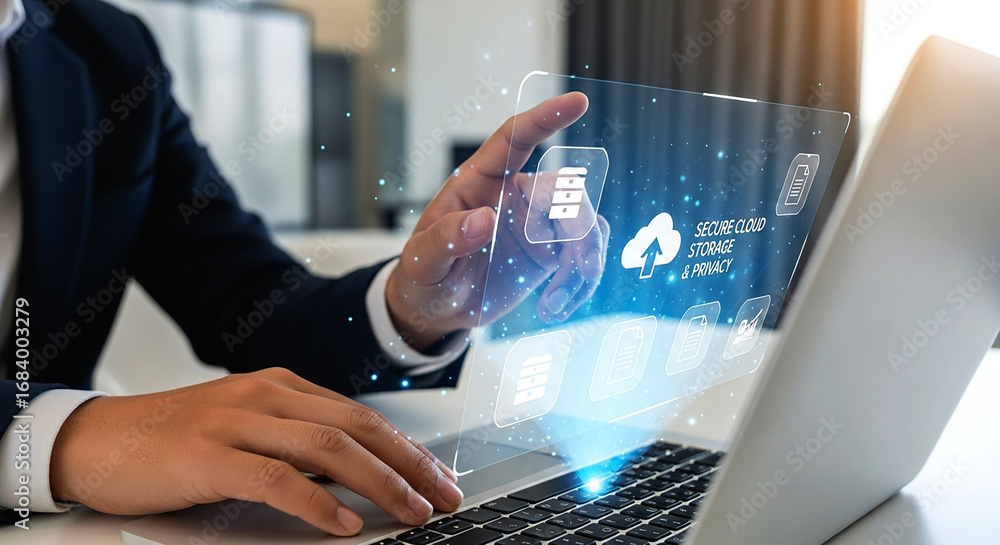 Aufkleber businessman using laptop with cloud storage interface for secure data management and privacy online 