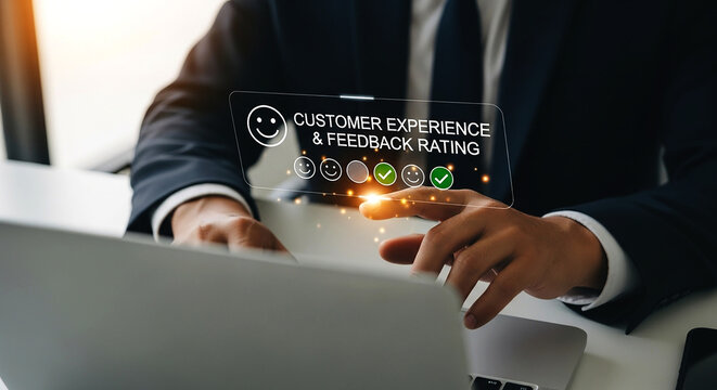 Man in suit interacting with customer experience and feedback rating interface on a laptop screen on transparent background