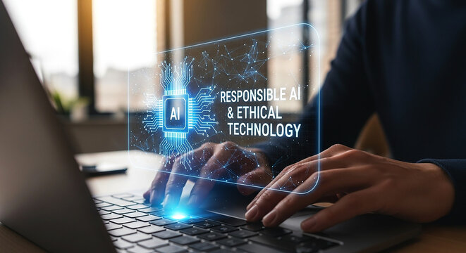 Person typing on laptop with ai and ethical technology graphic overlayed on the screen display area on transparent background