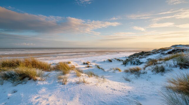 north sea in winter with snow-covered dunes and grasses