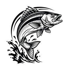 Dynamic silhouette of a leaping bass fish capturing the excitement of fishing and aquatic nature