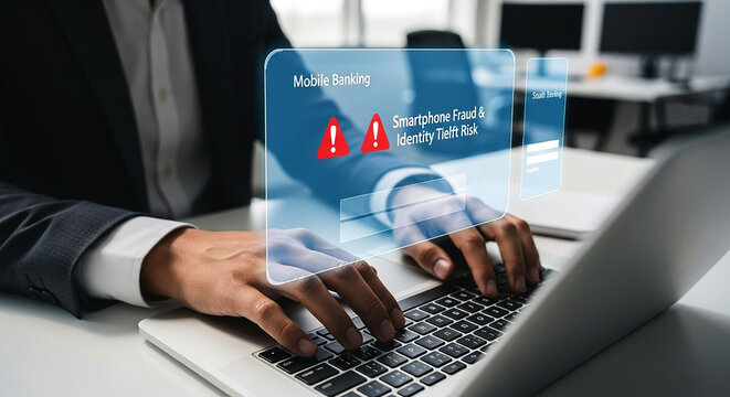 Man typing on laptop with mobile banking fraud alert displayed on screen in a modern office space view on transparent background