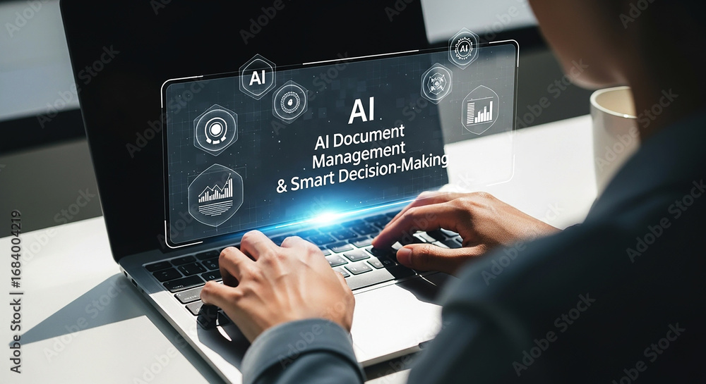 Aufkleber person typing on laptop displaying ai document management and smart decision making interface on scr