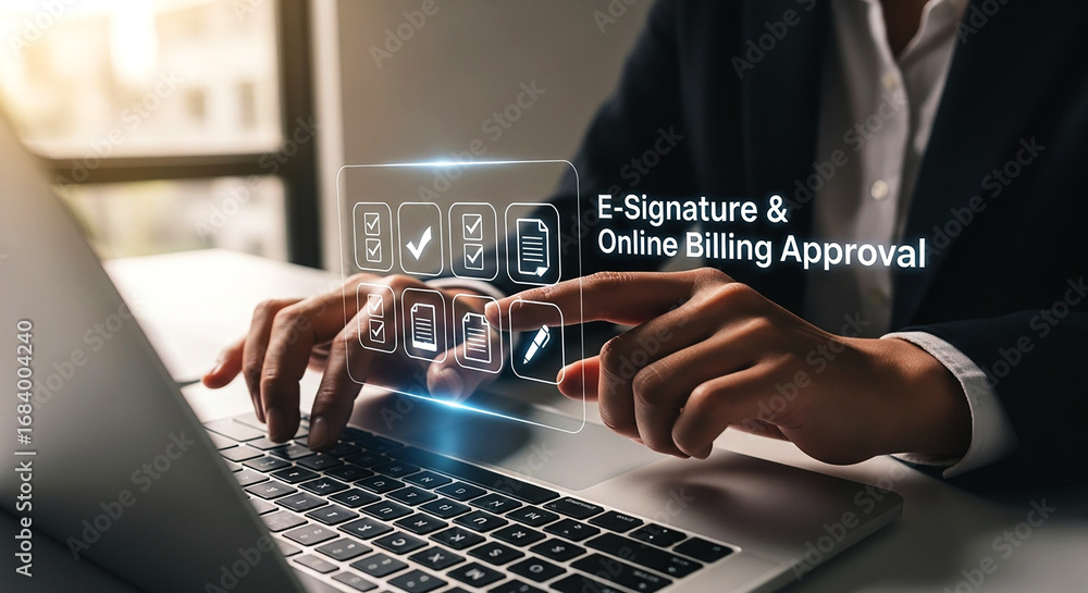 Poster person typing on laptop with e signature and online billing approval interface in the foreground on 