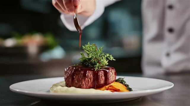 Culinary mastery unfolds as a chef artfully garnishes a perfectly cooked steak with vibrant herbs in a high-end kitchen setting
