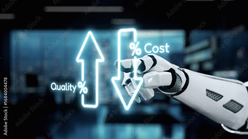 Poster a robotic hand interacts with digital metrics displaying quality and cost percentages in a sophistic
