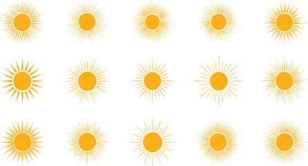 A collection of fifteen different yellow sun icons with various radiating ray styles, isolated on a white background.