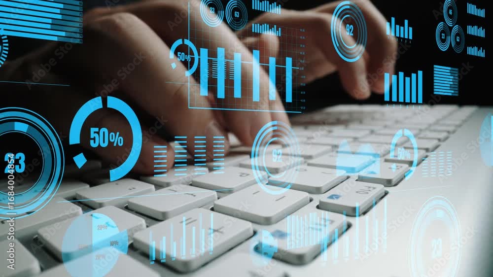 Poster a close-up view of hands typing on a sleek keyboard, surrounded by transparent digital graphs and da