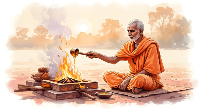 Hindu priest conducting fire havan ritual digital illustration