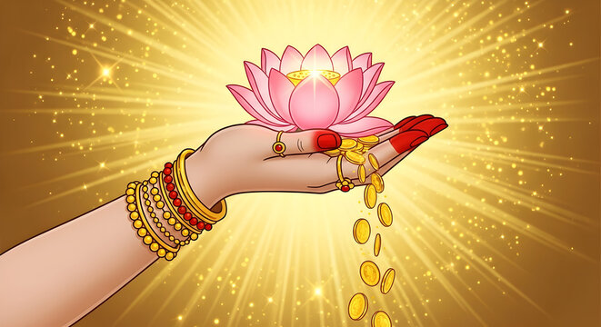 Goddess Lakshmi hand holding a lotus and golden coins for diwali