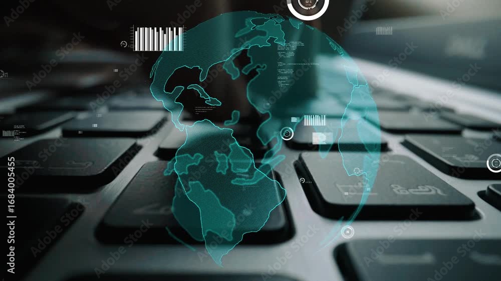 Poster close-up view of a computer keyboard with a transparent world map overlay illustrating global connec