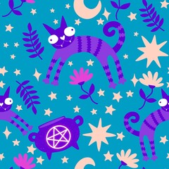 Halloween animals seamless cats pattern for wrapping paper and fabrics and linens and kids clothes print