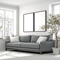 A contemporary living room featuring a gray sofa, two blank picture frames, and a potted plant, bathed in natural light.