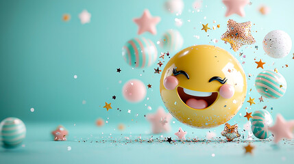 Playful Smiling Yellow Emoji Surrounded by Colorful Decorations and Sparkling Confetti
