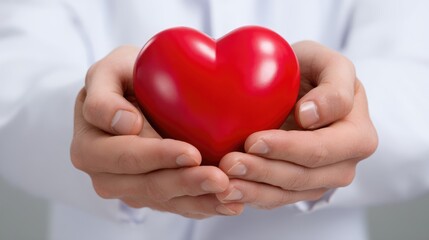 Fototapeta premium Hands gently cradle a bright red heart, representing a strong commitment to the concept of health and wellness. This imagery underscores the importance of caring for oneself and others