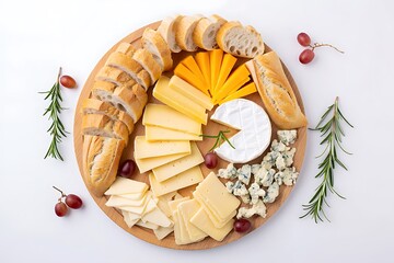 A top-down view of a rustic wooden cheese board featuring an assortment of cheeses, sliced baguette, red grapes, and fresh rosemary sprigs on a white background.