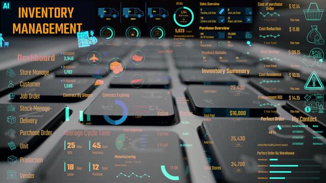 Inventory management dashboard showing supply chain performance, stock levels, order cycle times, cost reduction, and procurement ROI. Inventory tracking, and streamline warehouse efficiency. Thunk