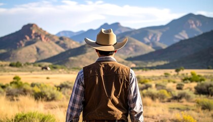 A man in a cowboy hat stands in a vast, open landscape, gazing at a mountain range