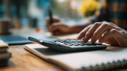 Medium shot of a financial expert calculating RECs transactions on a calculator and notebook hands and tools in crisp focus cluttered desk blurred.