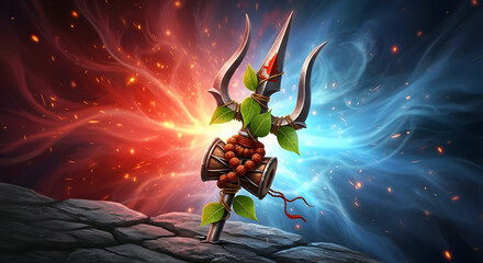 Cosmic Shiva trishul with rudraksha and bilva leaves