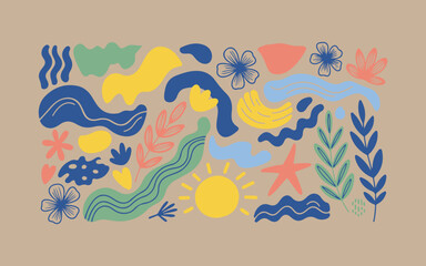 Abstract organic shapes and floral elements in a vibrant playful pattern