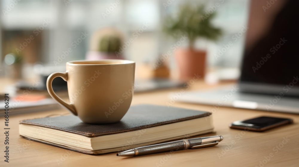 Poster medium shot of a journal and pen on a tidy desk with a coffee cup main objects sharp while blurred s