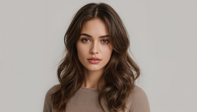  Primer plano profesional de modelo femenina elegante con tez impecable y maquillaje sutil, destacando su cabello voluminoso y brillante, vistiendo un blazer gris en un estudio de fondo neutro.