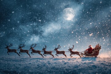 Santa riding a sleigh with reindeer under a snowy full moon