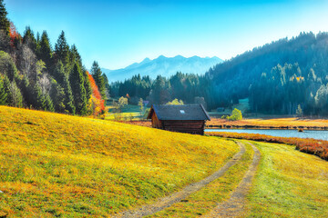 Amazing view of Wagenbruchsee (Geroldsee) lake with Karwendelspitze mountain range on background.