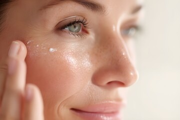Woman applying face cream as part of daily skincare routine for hydration and beauty treatment with focus on healthy skin. Hands applying moisturizing cream on face. Anti-aging skin care