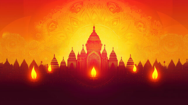 Festive Vijaya Dashami illustration with temples in silhouette, glowing lamps and vibrant orange red mandala background. Perfect for banners, posters, invitations, and festive decor.
