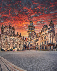 Naklejka premium Amazing Cathedral of the Holy Trinity Hofkirche and Dresden Castle Hausmannsturm on Theaterplatz