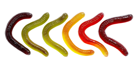 Colorful gummy worms in a  bow shape, arranged in a  horizontal row