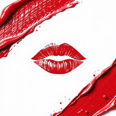 Fototapeta premium Abstract red smear, textured lipstick or paint stroke isolated on white background, graphic, messy, art
