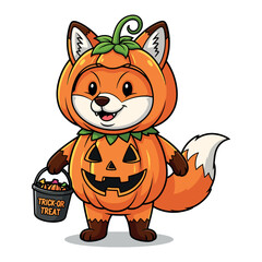 Cute Fox in Pumpkin Costume Holding Trick or Treat Candy Bucket Halloween Cartoon Illustration