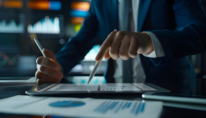Business professional using a stylus on a tablet with financial charts and graphs in a modern office setting for analytics and data visualization