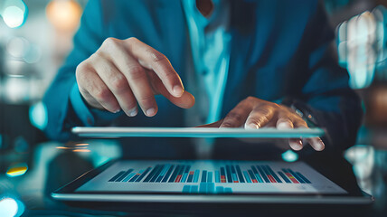 Close-up of business professional using a tablet and keyboard with blurred city lights in the background for digital technology and finance concepts