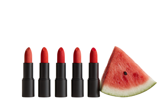 Five matte lipstick tubes, varying shades of coral-red, arranged horizontally next to a wedge of watermelon