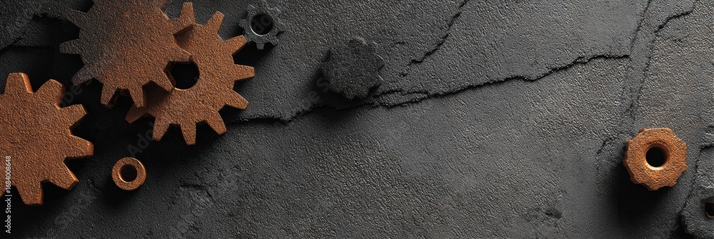 Aufkleber various gears and cogs in different sizes are meticulously arranged on a dark textured surface, high