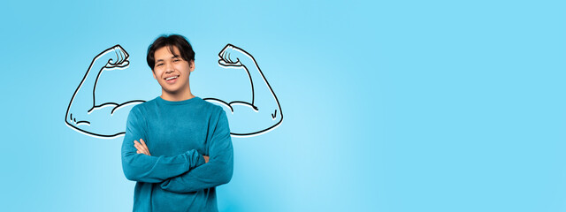 A strong Asian guy stands confidently against a blue background. The artwork depicts biceps,...