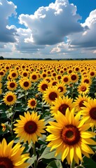 Obraz premium Vast sunflower field under a dramatic blue cloudy sky, golden blooms stretching to the horizon, majestic, horizon
