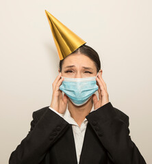 Surprised happy woman. Mask face. Happy woman. Celebration. 
