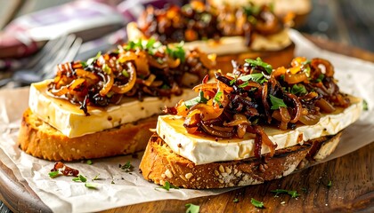 Gourmet grilled cheese sandwiches topped with caramelized onions and melted brie cheese, showcasing a delectable combination of flavors and textures.