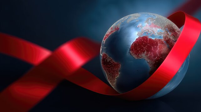 Bright red ribbon embracing Earth globe, signifying global HIV AIDS awareness, health support, aging population awareness, universal disease prevention. - Powered by Adobe